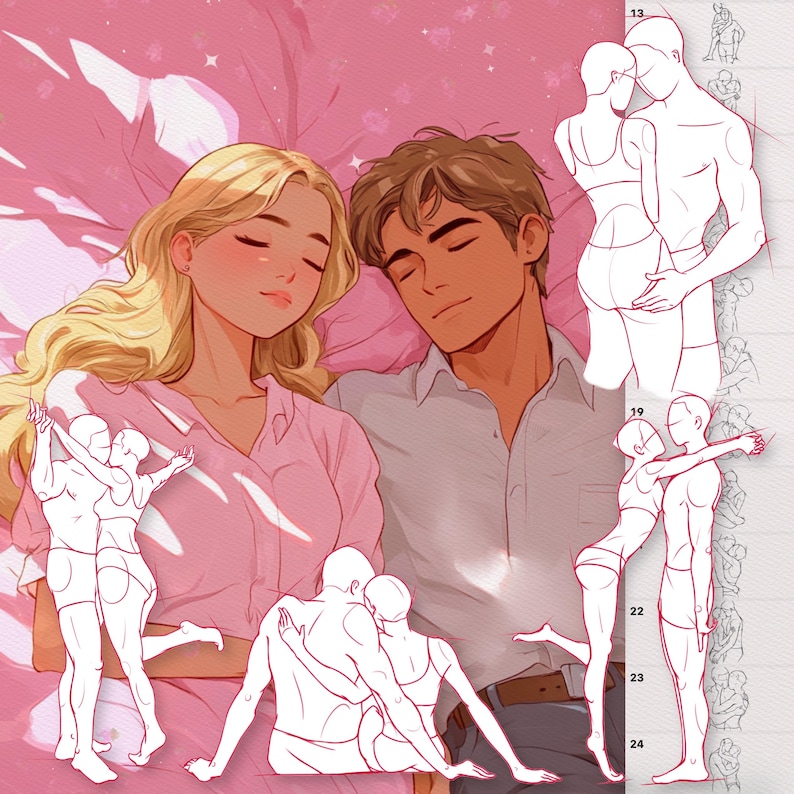 Pode incluir: Uma ilustra&ccedil;&atilde;o digital de um casal dormindo na cama. A mulher est&aacute; de costas com a cabe&ccedil;a apoiada em um travesseiro. O homem est&aacute; deitado de lado com a cabe&ccedil;a apoiada no ombro da mulher. A ilustra&ccedil;&atilde;o est&aacute; em uma paleta de cores rosa suave.