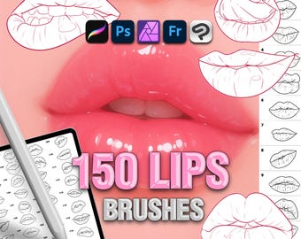 May include: A digital art resource set titled 150 LIPS BRUSHES featuring various line art lip illustrations, software icons for Procreate, Photoshop, Affinity, Fresco, and Clip Studio Paint, and a stylus pen over a glossy pink lip background.
