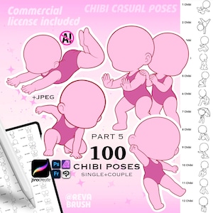 May include: A digital art reference sheet featuring 100 chibi poses, including single and couple figures in pink tones. The image displays text such as CHIBI CASUAL POSES, PART 5, 100 CHIBI POSES, and includes icons for Procreate, Photoshop, and Fresco.