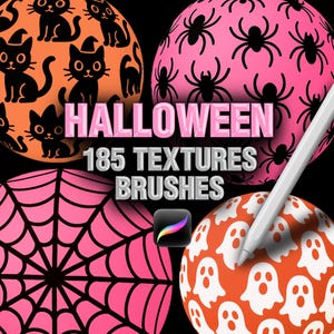 Może przedstawiać: Cyfrowa kolekcja 185 tekstur i pędzli na Halloween do programu Procreate, zawierająca okrągłe wzory czarnych kotów na pomarańczowym, pająków na różowym, pajęczyn na różowym i białych duchów na pomarańczowym tle oraz biały rysik.