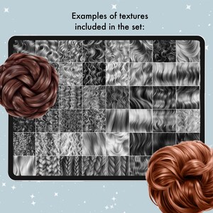 May include: A digital art display of various hair textures in grayscale, with two examples of brown hair buns. The text "Examples of textures included in the set:" is at the top. The textures include curls, waves, and braids.