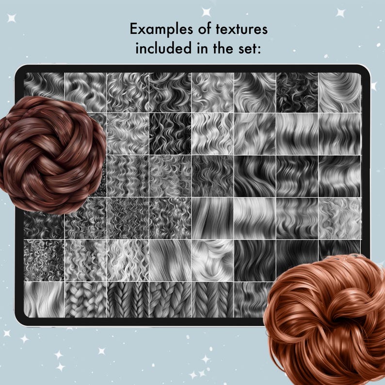 May include: A digital art display of various hair textures in grayscale, with two examples of brown hair buns. The text "Examples of textures included in the set:" is at the top. The textures include curls, waves, and braids.