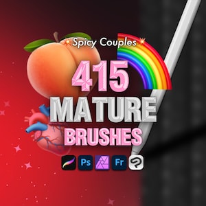 May include: Digital art graphic with the text "Spicy Couples" and "415 Mature Brushes." The image includes a peach, a rainbow, and a stylized heart. Software icons for Procreate, Photoshop, and other programs are also present.