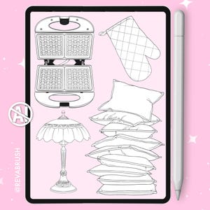 Puede incluir: Ilustraci&oacute;n en blanco y negro de una gofrera, un guante de cocina, una pila de almohadas, una l&aacute;mpara y un l&aacute;piz &oacute;ptico sobre un fondo rosa. La gofrera est&aacute; abierta, mostrando la rejilla. La l&aacute;mpara tiene una base y una pantalla detalladas.