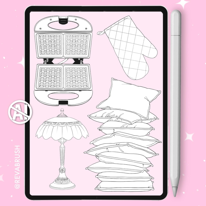Puede incluir: Ilustraci&oacute;n en blanco y negro de una gofrera, un guante de cocina, una pila de almohadas, una l&aacute;mpara y un l&aacute;piz &oacute;ptico sobre un fondo rosa. La gofrera est&aacute; abierta, mostrando la rejilla. La l&aacute;mpara tiene una base y una pantalla detalladas.
