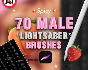 Op de afbeelding: Een digitale productadvertentie met de tekst @REVABRUSH, Spicy, 70 MALE LIGHTSABER BRUSHES en Procreate. De afbeelding bevat een perzik, een aardbei, een witte stylus en een zwart tabletscherm met daarop penseelpictogrammen.