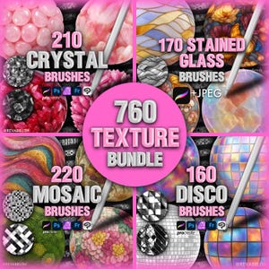 May include: A digital art bundle with a pink circular background, featuring 760 texture brushes. The image showcases various brush categories: 210 crystal brushes, 170 stained glass brushes, 220 mosaic brushes, and 160 disco brushes. Each category is displayed with sample textures.