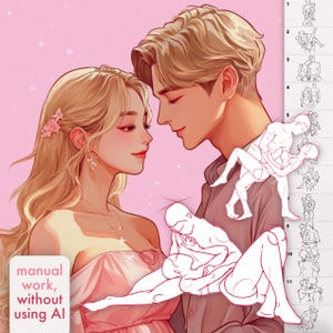 Pode incluir: Uma ilustra&ccedil;&atilde;o digital de um casal apaixonado. A mulher est&aacute; vestindo um vestido rosa e o homem est&aacute; vestindo uma camisa branca. O casal est&aacute; cercado por cora&ccedil;&otilde;es e estrelas rosas. O texto "trabalho manual, sem usar IA" est&aacute; na parte inferior da imagem.