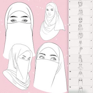 Puede incluir: Un conjunto de ilustraciones digitales con doce retratos de arte lineal de personas que usan hijabs y niqabs. La obra muestra varios estilos de cubrecabezas, incluidos algunos con velos faciales, representados en contornos negros sobre fondo rosa.