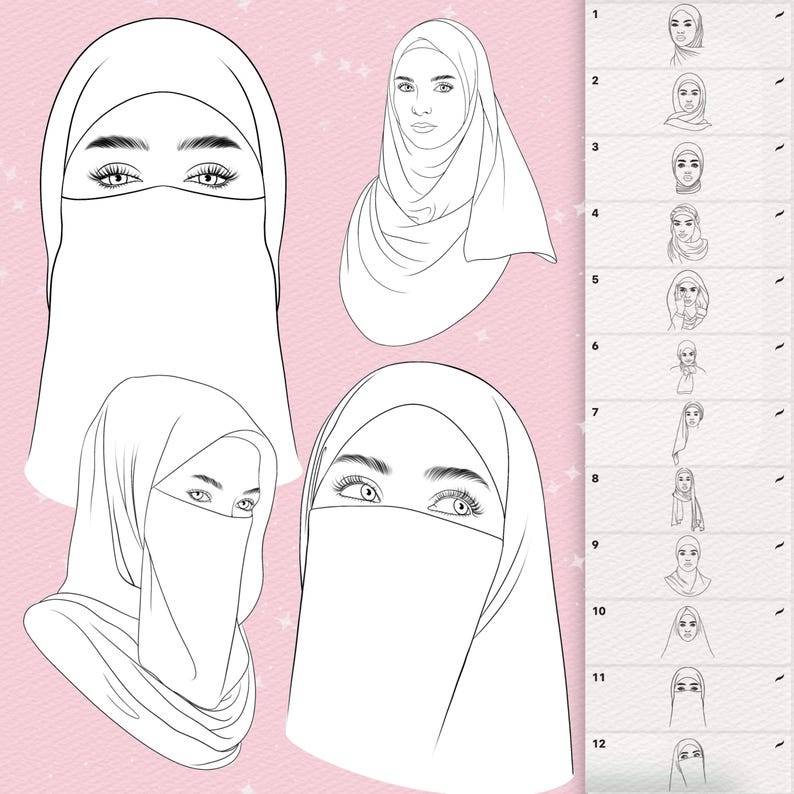 Puede incluir: Un conjunto de ilustraciones digitales con doce retratos de arte lineal de personas que usan hijabs y niqabs. La obra muestra varios estilos de cubrecabezas, incluidos algunos con velos faciales, representados en contornos negros sobre fondo rosa.