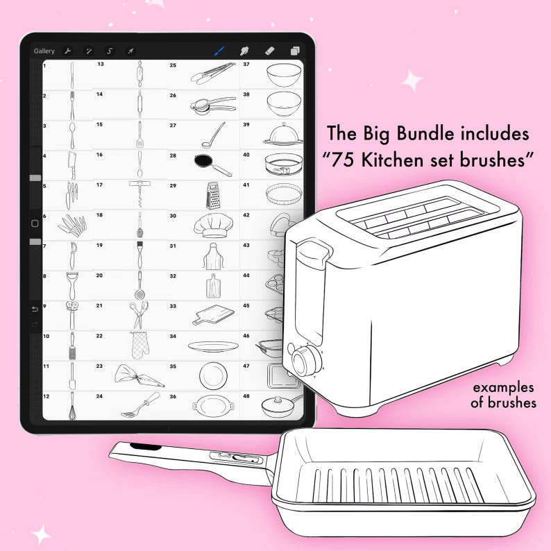 Puede incluir: Ilustraci&oacute;n digital de una tableta que muestra 75 pinceles de cocina, una tostadora y una plancha. El texto dice "The Big Bundle includes '75 Kitchen set brushes'" y "examples of brushes". La imagen est&aacute; sobre un fondo rosa.