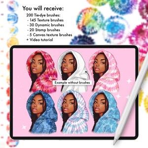 Op de afbeelding: Een digitale set van 200 tie-dye penselen inclusief 145 textuur, 30 dynamische, 20 stempel en 5 canvas penselen met video-tutorial. Het scherm toont zes illustraties van een persoon in een hoodie met tie-dye patronen.