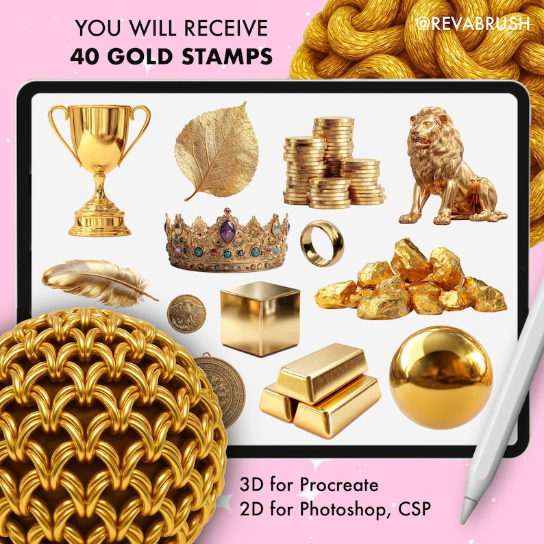 Pu&ograve; includere: Una collezione di arte digitale con 40 timbri d'oro. L'immagine mostra vari oggetti dorati, tra cui un trofeo, una foglia, monete, una statua di leone, una corona, un anello, una piuma, un cubo, lingotti d'oro e una sfera. Il testo recita "YOU WILL RECEIVE 40 GOLD STAMPS".