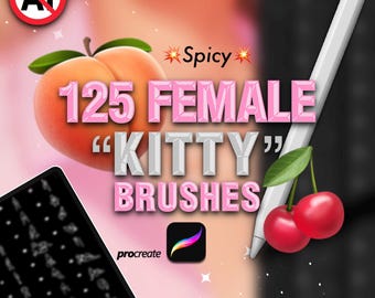 Könnte beinhalten: Eine digitale Grafik mit einem Pfirsich und zwei Kirschen, einem weißen Eingabestift und dem Text 125 FEMALE KITTY BRUSHES, Spicy, @REVABRUSH sowie dem Procreate-Logo. Ein rotes KI-Verbotssymbol befindet sich oben links neben einem schwarzen Tablet.