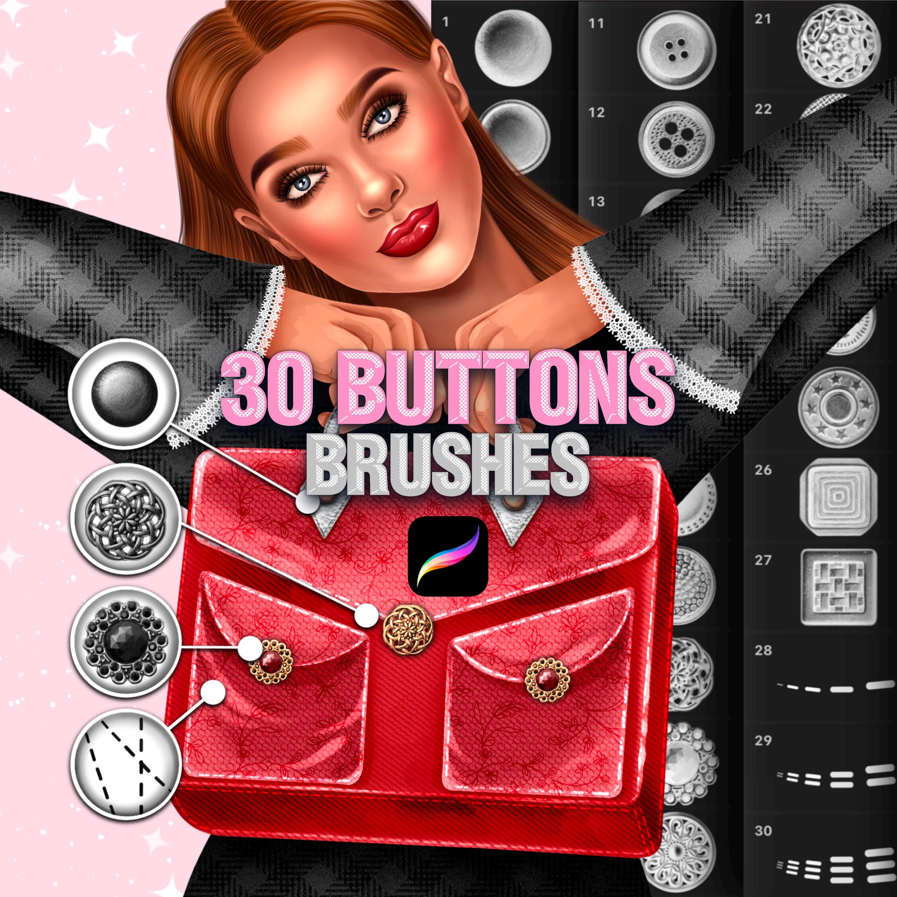 Procreate Button brushes. Procreate Sewing Stitching brushes. Photoshop Fashion Fabric brushes. Photoshop buttons stamps