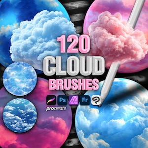 Puede incluir: Una imagen digital con cuatro esferas llenas de nubes en tonos azules, rosas y morados. El texto "120 CLOUD BRUSHES" se muestra de forma destacada, junto con iconos de software para Procreate, Photoshop y otros programas.