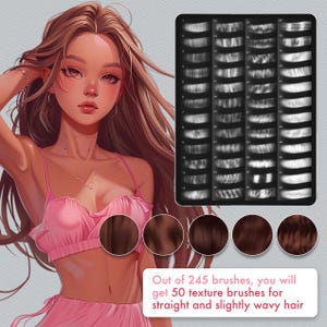May include: Digital illustration of a woman with long brown hair and pink clothing. A digital art brush set is displayed, with a preview of hair texture brushes. The text reads: "Out of 245 brushes, you will get 50 texture brushes for straight and slightly wavy hair."