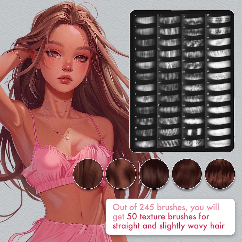 May include: Digital illustration of a woman with long brown hair and pink clothing. A digital art brush set is displayed, with a preview of hair texture brushes. The text reads: "Out of 245 brushes, you will get 50 texture brushes for straight and slightly wavy hair."