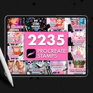 May include: A digital tablet displays a collection of Procreate stamps. The screen shows various themed brush sets, including "Christmas," "Women's Day," and "Tattoo." The number "2235" is prominently displayed, along with the Procreate logo.