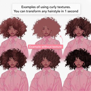 May include: Digital illustration demonstrating curly hair textures. The image presents six portraits of a person with different hairstyles, including one without texture. Text reads: "Examples of using curly textures. You can transform any hairstyle in 1 second."