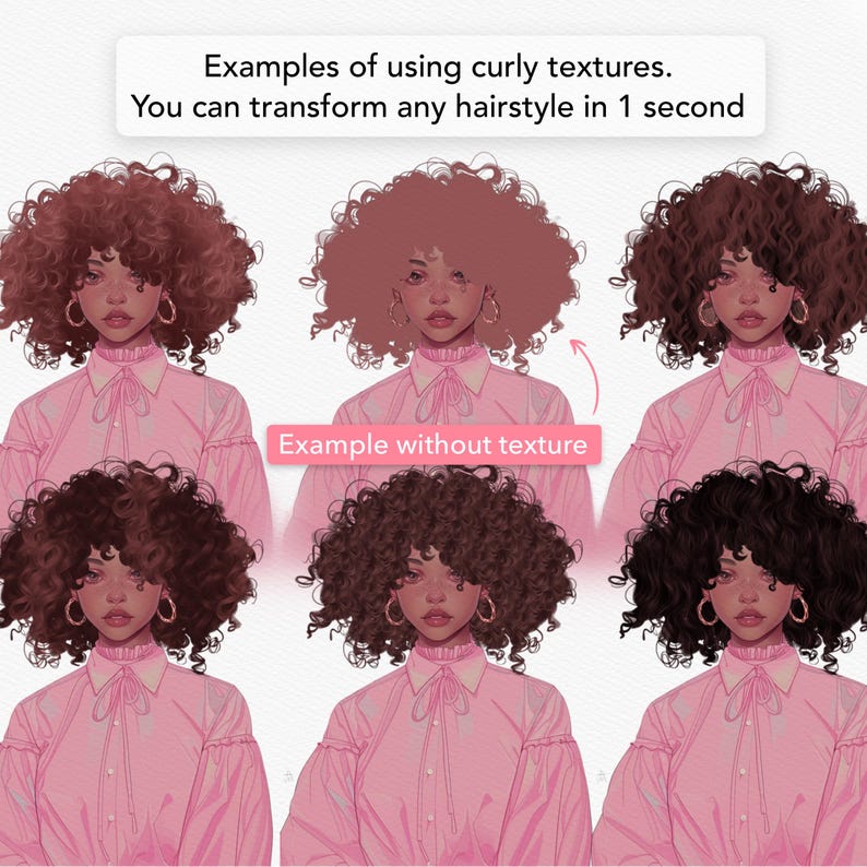 May include: Digital illustration demonstrating curly hair textures. The image presents six portraits of a person with different hairstyles, including one without texture. Text reads: "Examples of using curly textures. You can transform any hairstyle in 1 second."