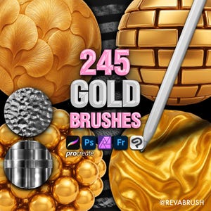 Op de afbeelding: Afbeelding van digitale kunstpenselen met een gouden thema. De tekst luidt "245 GOLD BRUSHES" met de logo's van Procreate, Photoshop en andere software. Verschillende gouden texturen en een stylus zijn ook zichtbaar.