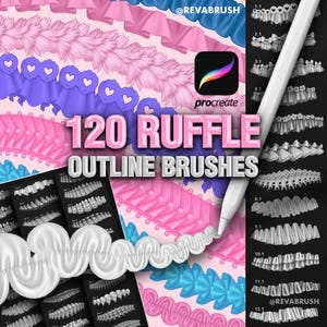 Puede incluir: Pinceles de arte digital para Procreate con 120 diseños de contorno de volantes. La imagen muestra varios estilos de volantes en rosa, azul y blanco, con un icono de la aplicación Procreate y un lápiz. El texto dice "120 Ruffle Outline Brushes".