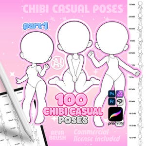 May include: A digital art reference sheet titled CHIBI CASUAL POSES part 1 featuring three blank chibi character outlines on a pink background. Includes 100 poses, software icons for Procreate, Photoshop, and Clip Studio Paint, and a stylus.