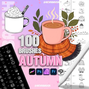 May include: A digital art set titled 100 BRUSHES AUTUMN featuring a pink mug with steam, an orange plaid scarf, and foliage. Includes a black and white mug illustration, software icons for Procreate, Photoshop, Affinity, and Fresco, and a stylus.