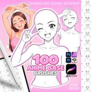 May include: A digital art resource featuring 100 anime base brushes for Procreate, Photoshop, and other software. The image displays a central character outline, a colored character illustration, and a numbered list of facial expressions.