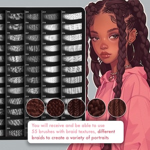 May include: Digital illustration of a woman with dark braids, wearing a pink hoodie. The image includes a digital art brush set with 55 braid textures and the text: "You will receive and be able to use 55 brushes with braid textures, different braids to create a variety of portraits."
