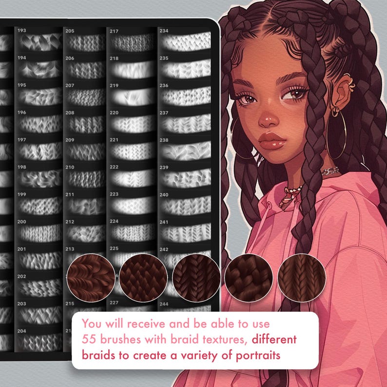 May include: Digital illustration of a woman with dark braids, wearing a pink hoodie. The image includes a digital art brush set with 55 braid textures and the text: "You will receive and be able to use 55 brushes with braid textures, different braids to create a variety of portraits."