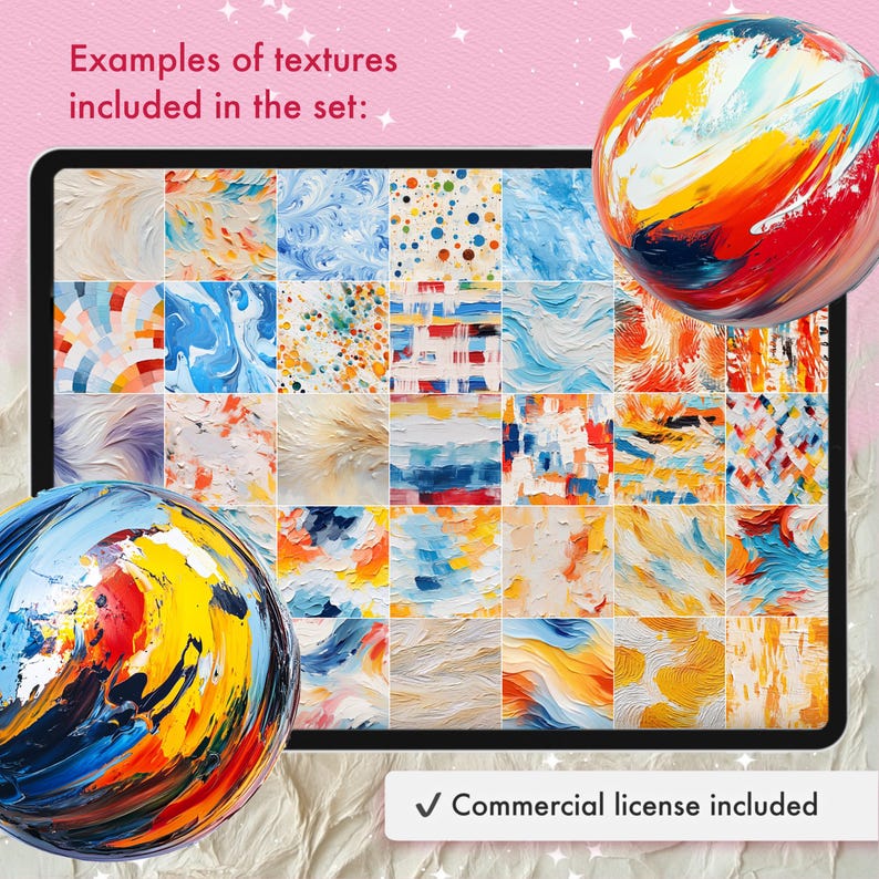 Puede incluir: Un conjunto de arte digital que muestra varios patrones texturizados en un dise&ntilde;o de cuadr&iacute;cula, con ejemplos de texturas incluidos. La paleta de colores incluye azules, naranjas, amarillos y blancos. Dos esferas coloridas est&aacute;n en primer plano. El texto "Commercial license included" es visible.