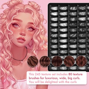 May include: Digital illustration of a woman with pink curly hair and a digital art brush set. The set includes 80 texture brushes for creating luxurious curls. Text on the image reads: "This 245 texture set includes 80 texture brushes for luxurious, wide, big curls."