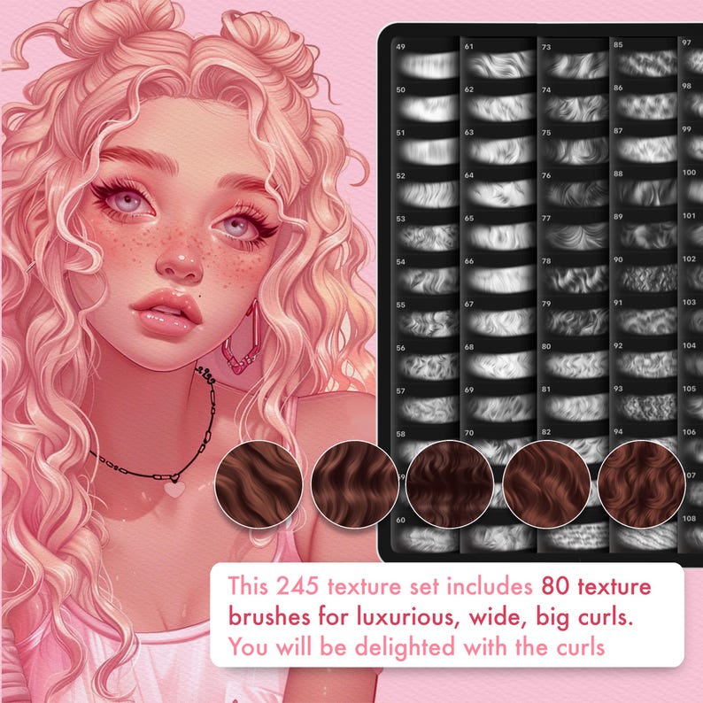 May include: Digital illustration of a woman with pink curly hair and a digital art brush set. The set includes 80 texture brushes for creating luxurious curls. Text on the image reads: "This 245 texture set includes 80 texture brushes for luxurious, wide, big curls."
