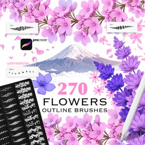 Puede incluir: Pinceles digitales para Procreate con 270 diseños de contorno de flores. La imagen muestra ilustraciones florales en tonos rosas y morados, con un fondo de montaña y un lápiz óptico. El texto dice "270 FLOWERS OUTLINE BRUSHES".