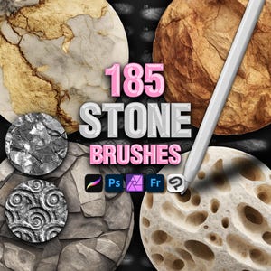 May include: An image showcasing a collection of stone brushes. The text reads "185 STONE BRUSHES" in pink and gray. The image includes various stone textures and the logos for Procreate, Photoshop, and Fresco.