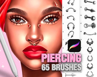 May include: A digital illustration of a face with multiple piercings, including a septum ring, bridge piercings with red gems, and eyebrow spikes. The image includes a stylus and a sidebar displaying 24 numbered piercing brush icons with the text PIERCING 65 BRUSHES.