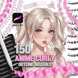 May include: Digital illustration of a Procreate app interface with a stylus and an anime girl with blonde pigtails. The image features 150 anime curly outline brushes in pink and black.