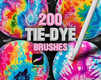 Op de afbeelding: Een digitale collectie van 200 tie-dye penselen voor Procreate, met vier cirkelvormige stalen met levendige, veelkleurige tie-dye patronen, een witte stylus, het Procreate-logo en de tekst 200 TIE-DYE BRUSHES +JPEG Versions.
