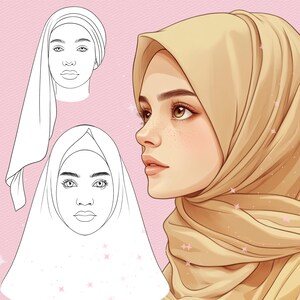 Puede incluir: Una ilustraci&oacute;n digital que muestra a una persona con un hiyab beige, vista de perfil con rasgos faciales suaves y pecas. Junto a esto, dos bocetos de l&iacute;neas en blanco y negro demuestran diferentes formas de colocar un pa&ntilde;uelo.