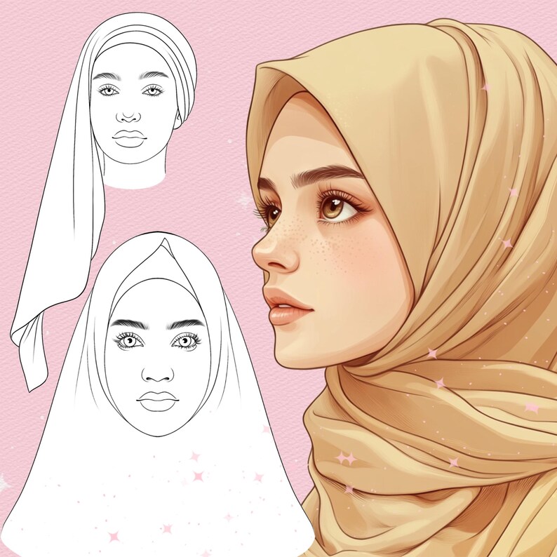 Puede incluir: Una ilustraci&oacute;n digital que muestra a una persona con un hiyab beige, vista de perfil con rasgos faciales suaves y pecas. Junto a esto, dos bocetos de l&iacute;neas en blanco y negro demuestran diferentes formas de colocar un pa&ntilde;uelo.