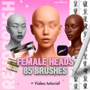 Może przedstawiać: Grafika cyfrowa z trzema renderowaniami kobiecych głów w różnych odcieniach skóry. Obraz zawiera tekst "FEMALE HEADS 85 BRUSHES + Video tutorial" oraz ikonę aplikacji Procreate. Obecny jest również rysik i paleta kolorów.