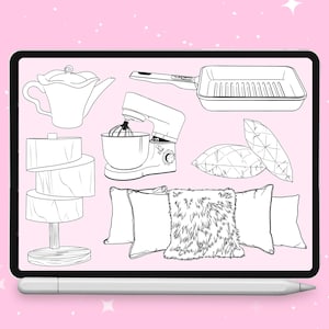 Puede incluir: Ilustraci&oacute;n en blanco y negro de varios art&iacute;culos de decoraci&oacute;n del hogar y cocina. Incluye una tetera, una plancha para asar, una batidora de pie, cojines decorativos, una l&aacute;mpara escalonada y un coj&iacute;n mullido.