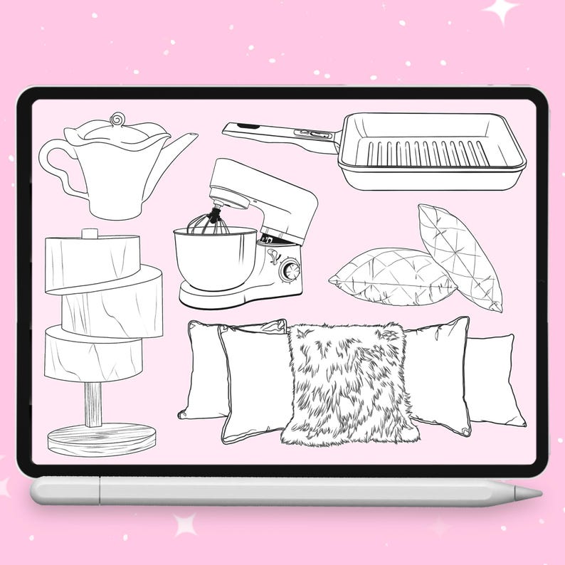Puede incluir: Ilustraci&oacute;n en blanco y negro de varios art&iacute;culos de decoraci&oacute;n del hogar y cocina. Incluye una tetera, una plancha para asar, una batidora de pie, cojines decorativos, una l&aacute;mpara escalonada y un coj&iacute;n mullido.