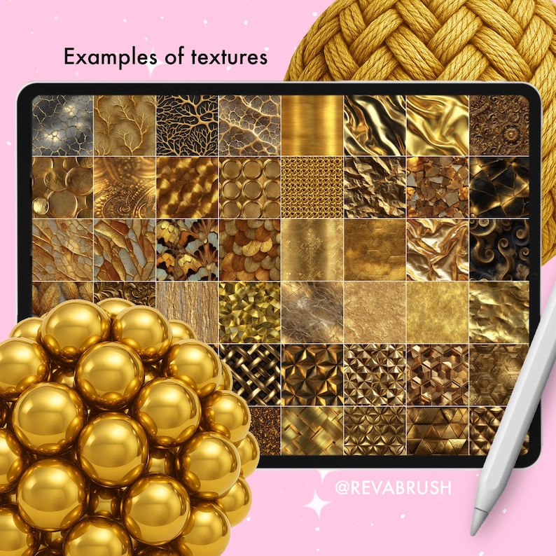 Pu&ograve; includere: Un tablet digitale mostra una griglia di texture dorate, inclusi design metallici, a motivi e organici. Un gruppo di sfere dorate &egrave; in primo piano. Il testo "Examples of textures" &egrave; in alto, con l'handle @REVABRUSH in basso.