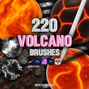 Puede incluir: Gráfico digital con el texto "220 VOLCANO BRUSHES" en blanco y rosa, que muestra esferas de lava ardientes y fundidas. Incluye iconos de Procreate, Photoshop y otros softwares. Un lápiz óptico flota sobre la imagen.