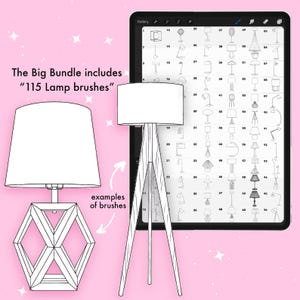 Puede incluir: Ilustraci&oacute;n de un paquete de arte digital con 115 pinceles de l&aacute;mparas. La imagen muestra ejemplos de los pinceles, incluyendo una l&aacute;mpara de pie y una l&aacute;mpara de mesa, y una tableta que muestra varios dise&ntilde;os de l&aacute;mparas. Texto: "The Big Bundle includes '115 Lamp brushes'".