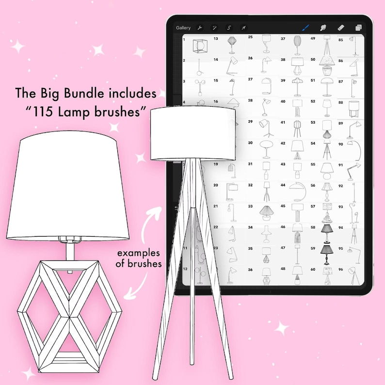 Puede incluir: Ilustraci&oacute;n de un paquete de arte digital con 115 pinceles de l&aacute;mparas. La imagen muestra ejemplos de los pinceles, incluyendo una l&aacute;mpara de pie y una l&aacute;mpara de mesa, y una tableta que muestra varios dise&ntilde;os de l&aacute;mparas. Texto: "The Big Bundle includes '115 Lamp brushes'".