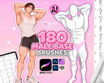 Könnte beinhalten: Ein digitales Kunst-Ressourcenset mit dem Titel 180 MALE BASE BRUSHES, das eine farbige Illustration einer muskulösen Figur in Tanktop und Shorts sowie eine schwarz-weiße Anatomie-Anleitung enthält, kompatibel mit Procreate, Photoshop und Fresco.